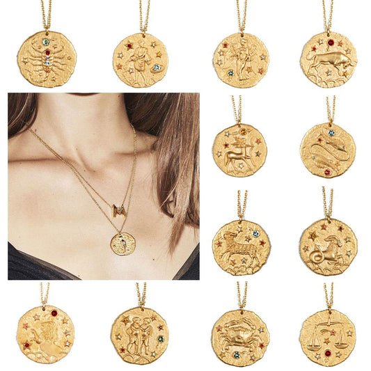 12 Zodiac Sign Constellation Pendant Necklace Women Fashion Jewelry