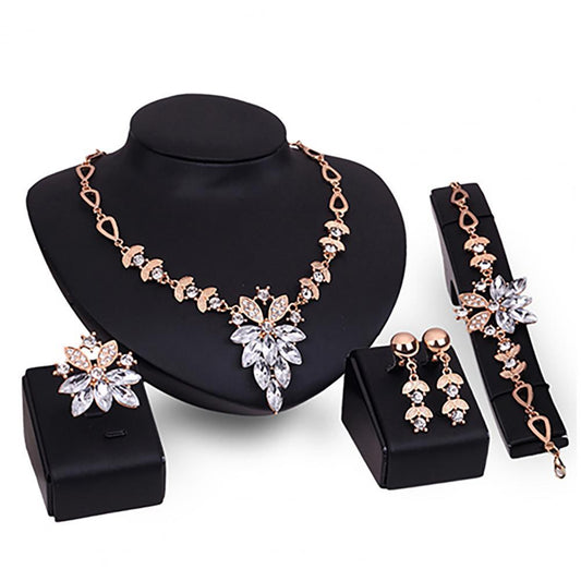 4Pcs Jewelry Set Flower Design Necklace Earrings Bracelet Ring Jewelry